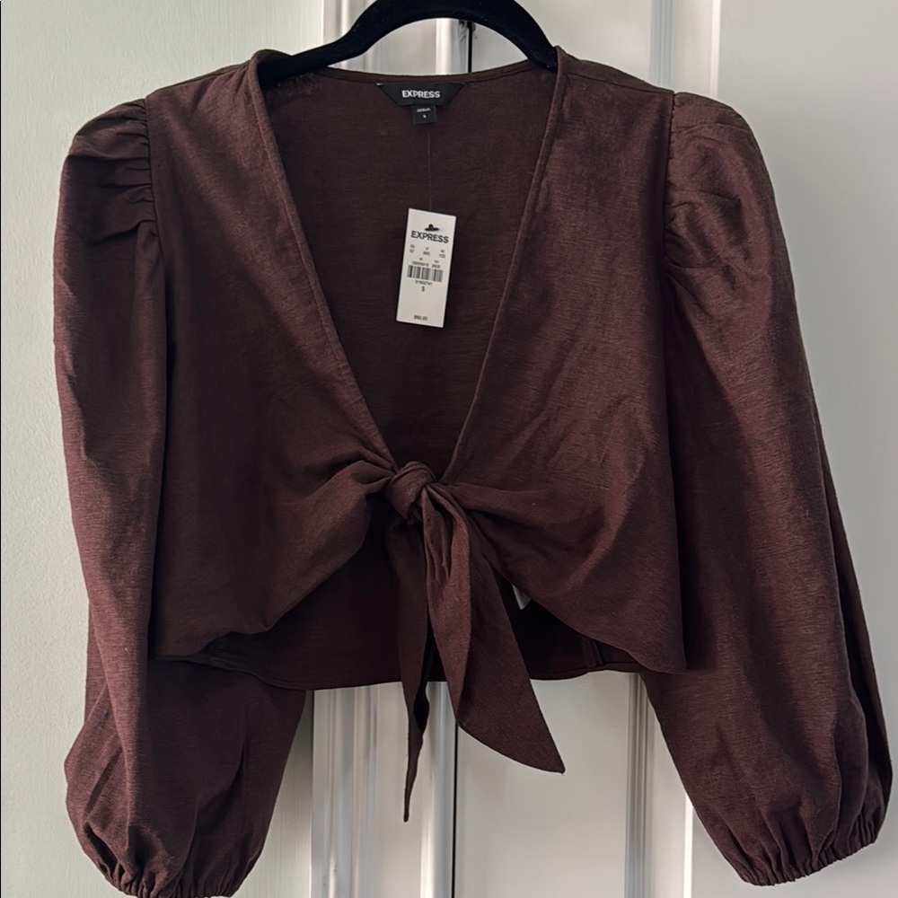 Express Brown Puff Sleeve Crop Top with Tie Front